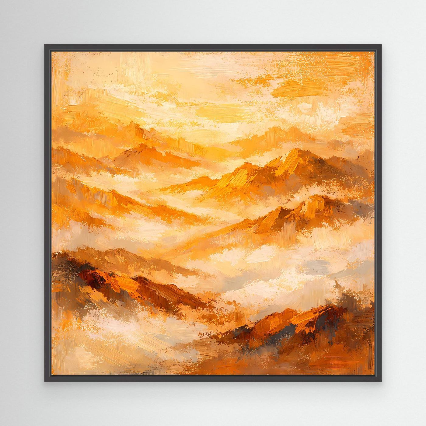 Leinwand-Wandbild mit abstraktem Bergpanorama in Gold- und Orangetönen, schwarzer Rahmen