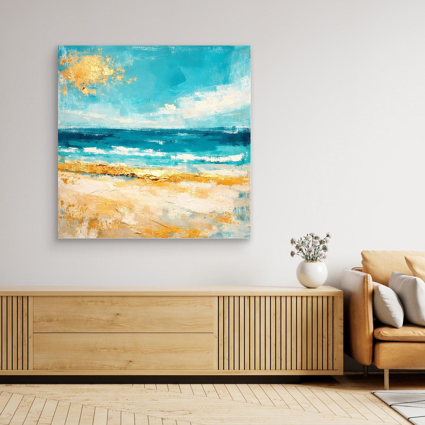 Leinwand Karibischer Traumstrand in Türkis | Abstraktes Meer Wandbild Gold