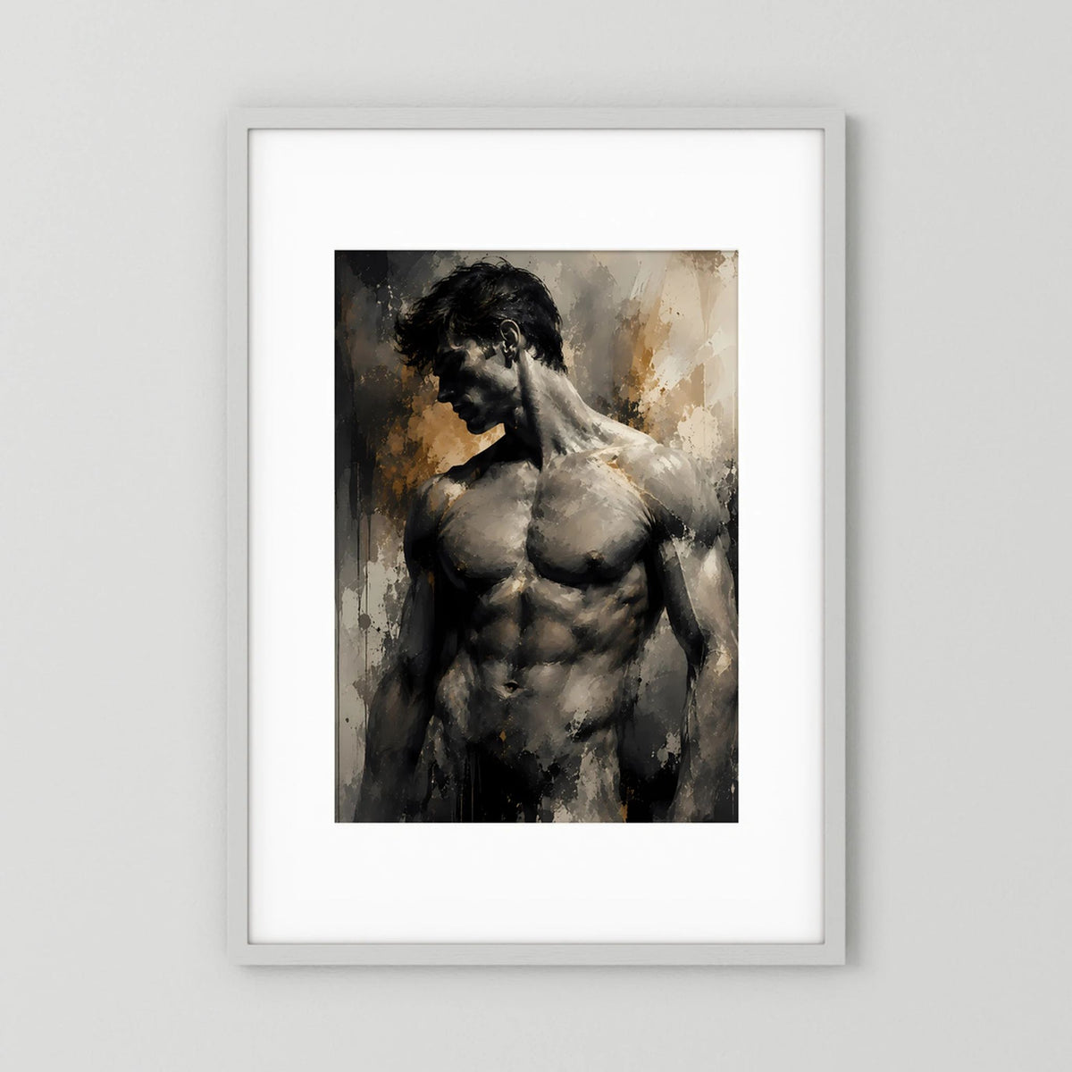 Kunstposter: männlicher Akt in Schwarz mit goldenen Farbspritzern