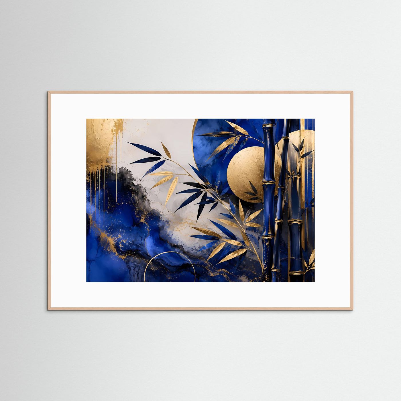 Bambus Gold Blau Poster | Japanische Wandkunst Modern | Abstraktes Bambus Wandbild in Blau und Gold