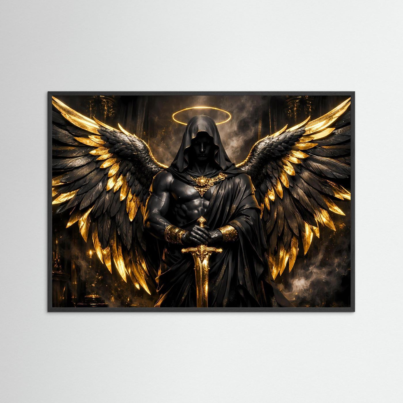 Dunkler Engel mit Goldflügeln & Schwert | Mystisches Wandbild Querformat