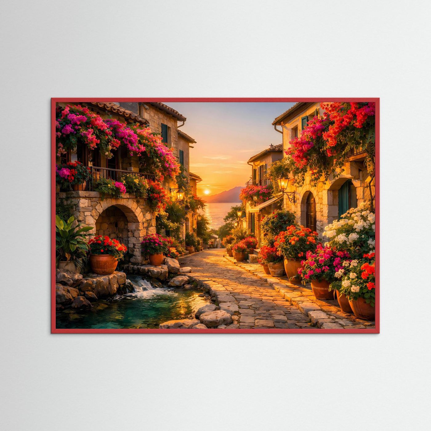 Gerahmtes Poster mit mediterraner Gasse, roten Blumen und Abendsonne, rötlicher Rahmen