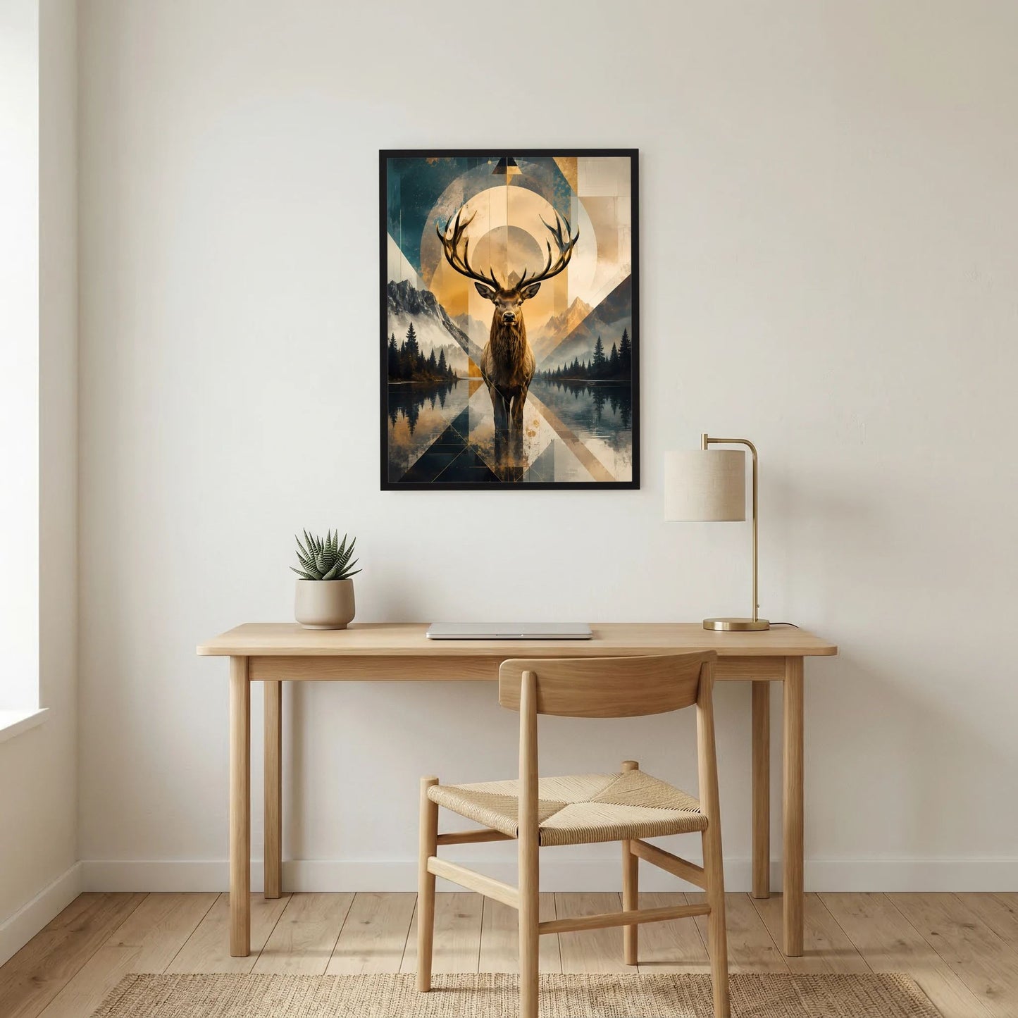 Hirsch-Poster im Hochformat mit goldfarbenen Formen und Berglandschaft, schwarzer Rahmen