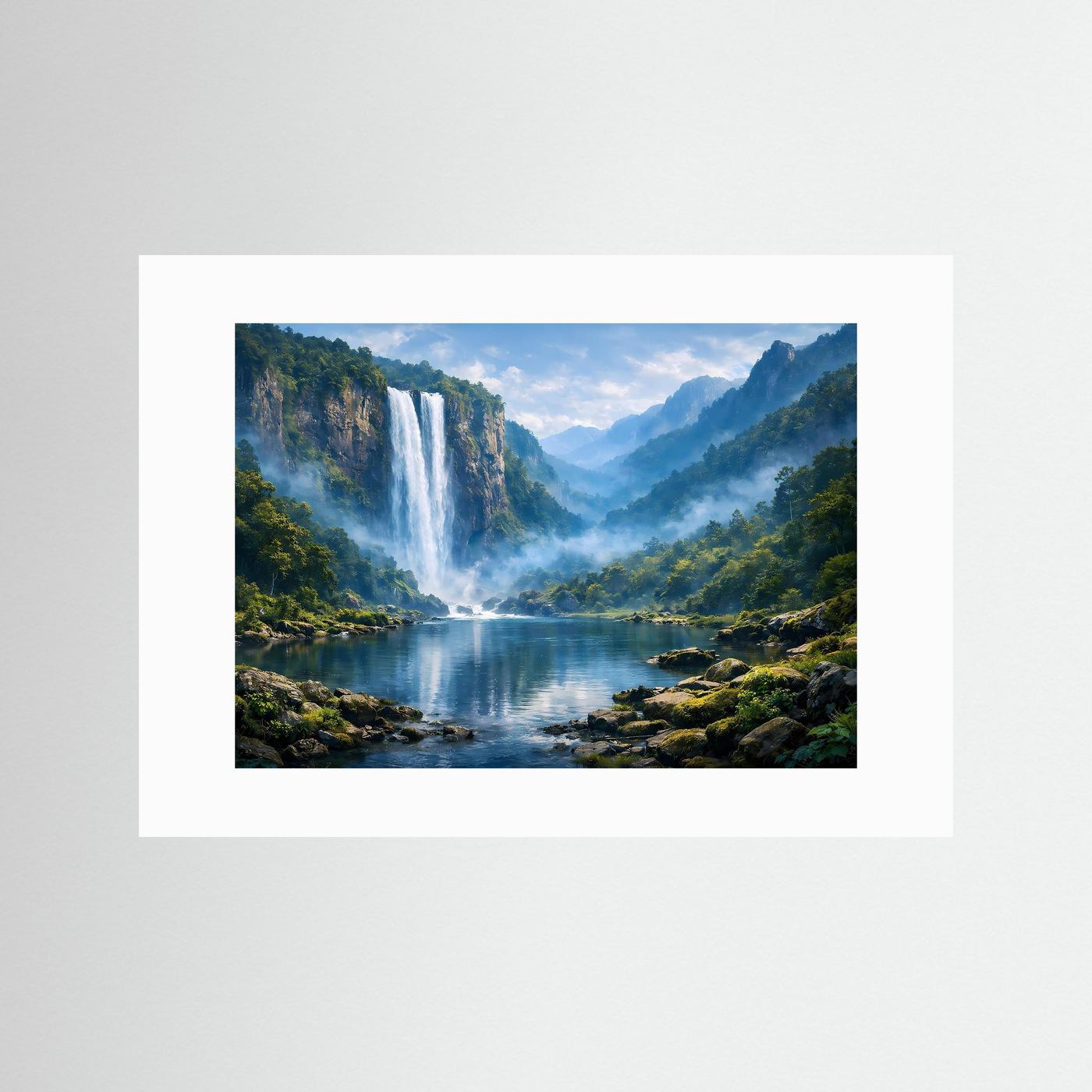 Poster-Wandbild mit Wasserfall im Bergwald, ohne Rahmen