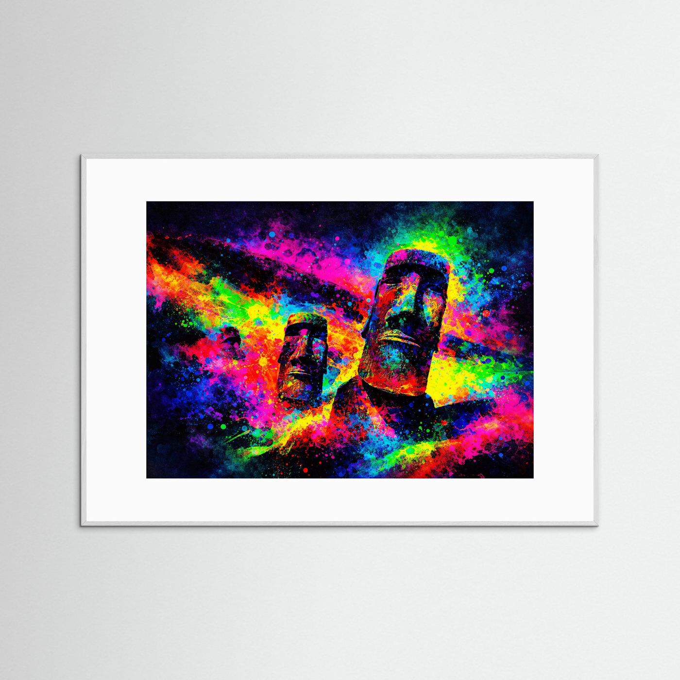 Farbenfrohe Moai Osterinsel Statuen | Neon Pop Art & Bunte Kultur Wandbild Querformat