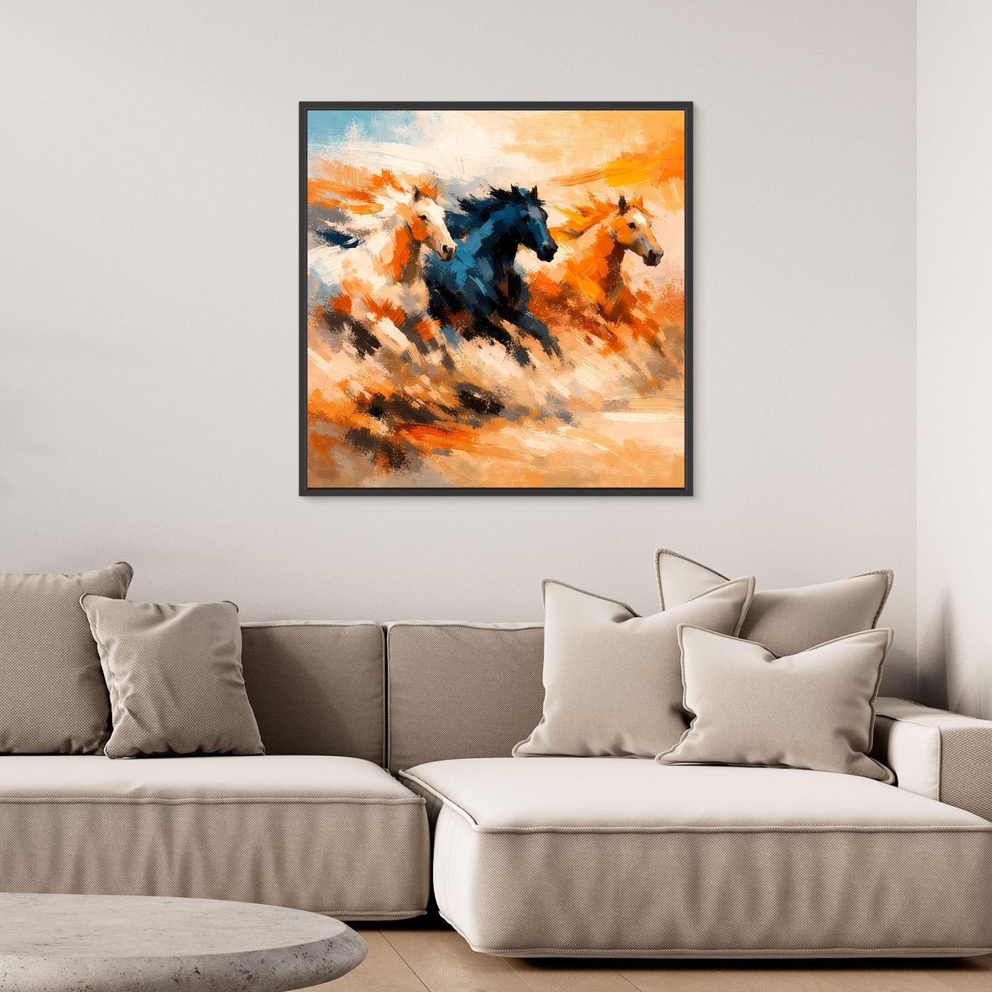 Premium Leinwand Wilde Pferde Galopp | Abstraktes Wandbild Dynamische Ölgemälde Optik