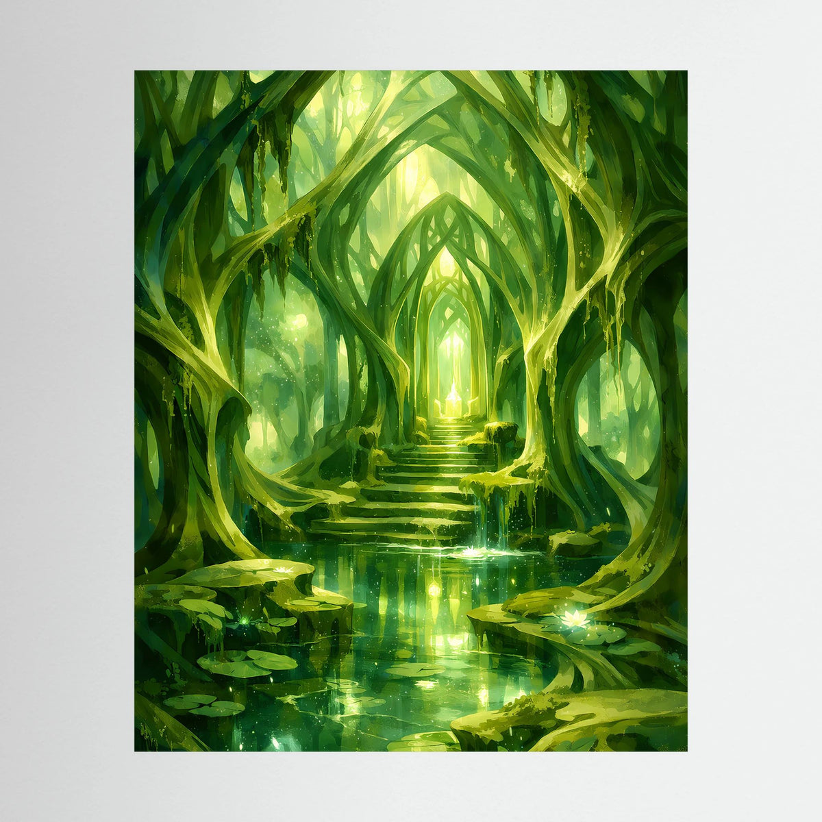 Grünes Kunstposter Waldtempel: leuchtender Gang, spiegelndes Wasser, hohes Format