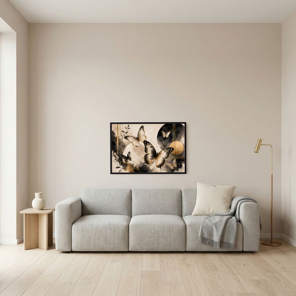 Gerahmtes Schmetterlings-Poster, schwarz-goldene Schmetterlinge im Rechteckformat