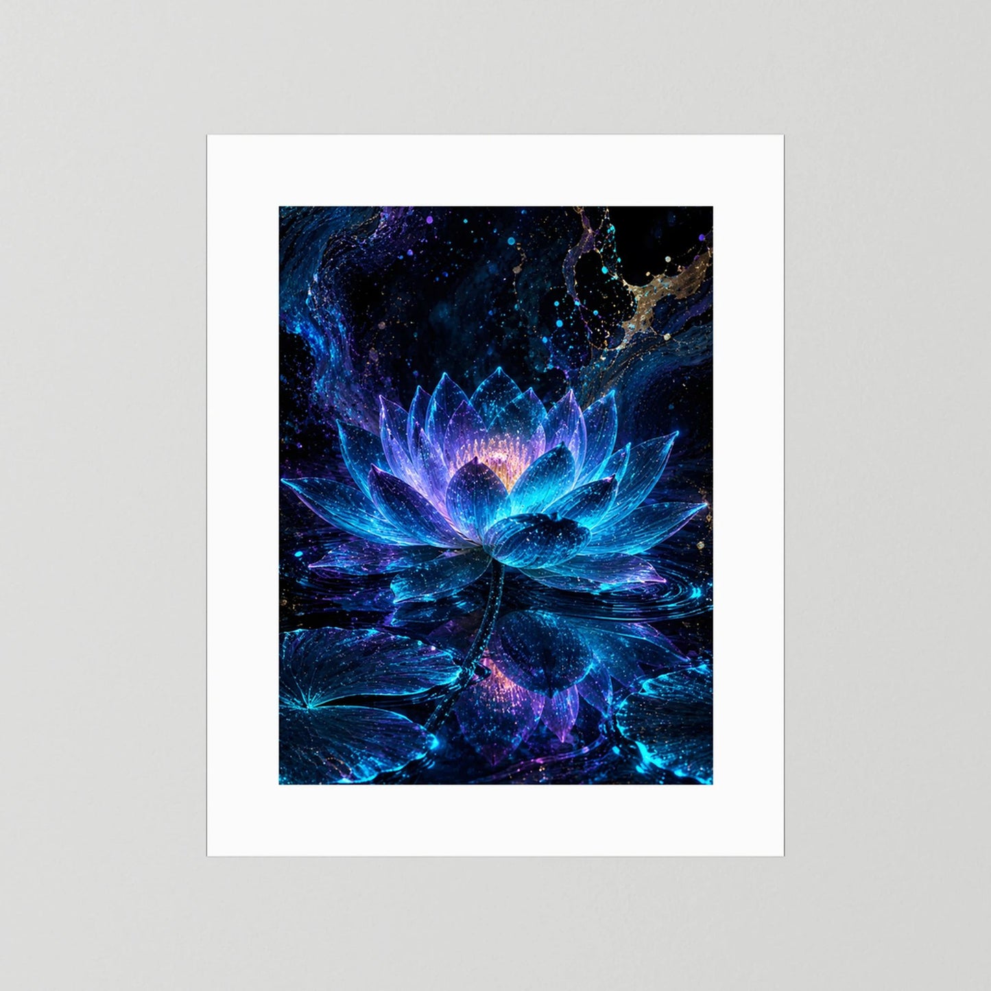 Kunstposter mit leuchtender Lotusblüte in Blau und Violett, weißer Rand ohne Rahmen.