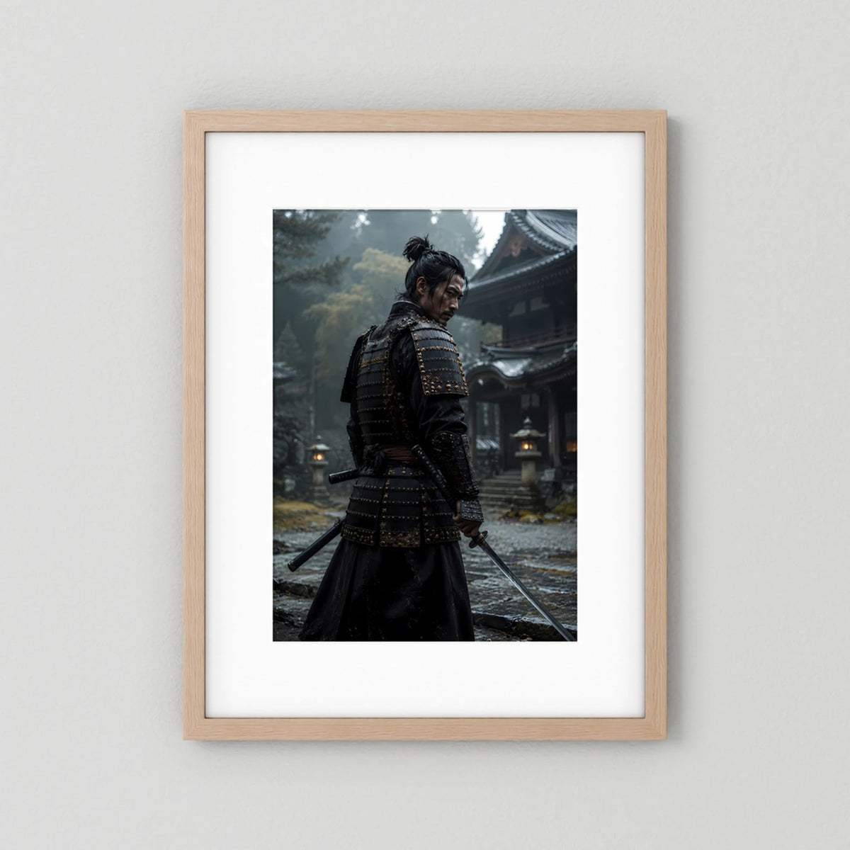 Poster mit Samurai in schwarzer Rüstung im Tempel, Holzrahmen mit weißem Rand