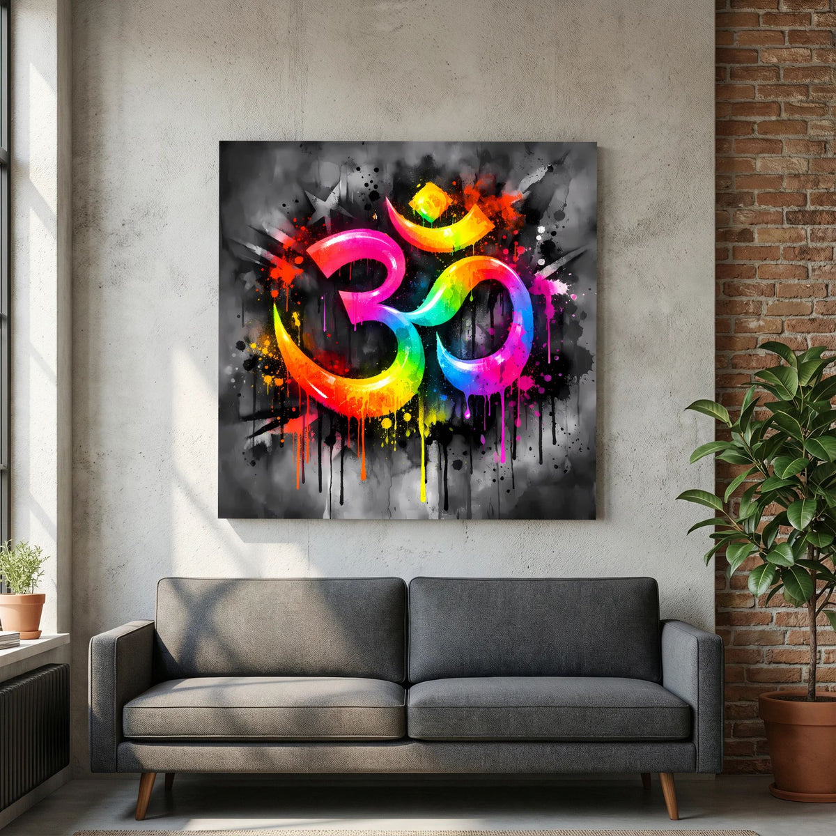 Leinwandbild mit Om-Symbol auf Keilrahmen, abstrakt in Regenbogenfarben mit Farbklecksen.