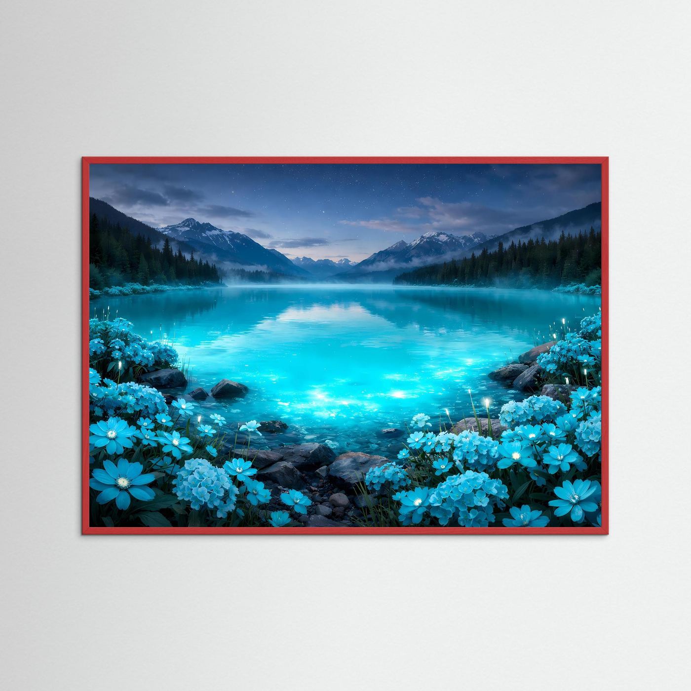 Wandbild: türkis leuchtender Bergsee mit blauen Bergen, blaue Blumen, roter Rahmen