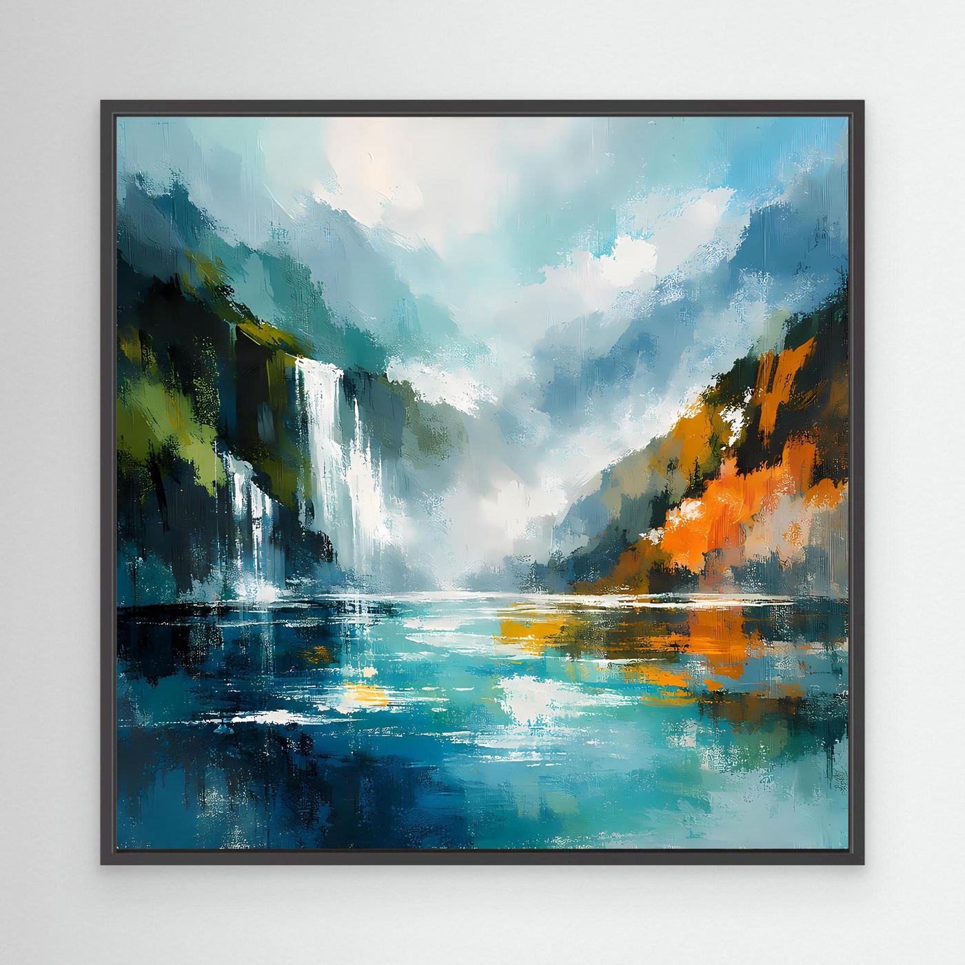 Abstraktes Wandbild mit Wasserfall und Fjord, türkis/blau, schwarzer Rahmen.