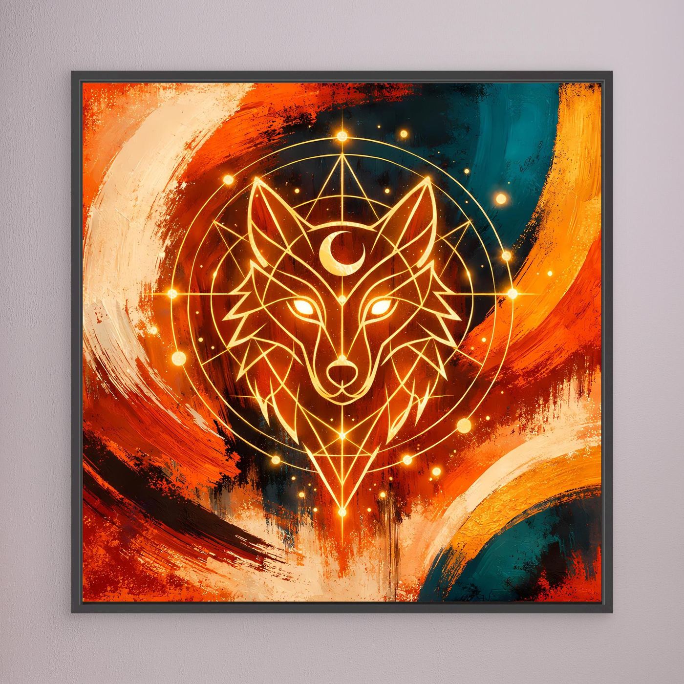 Gerahmtes Leinwandbild: geometrischer Wolf in Orange/Blau mit goldenen Lichtlinien, schwarzer Rahmen