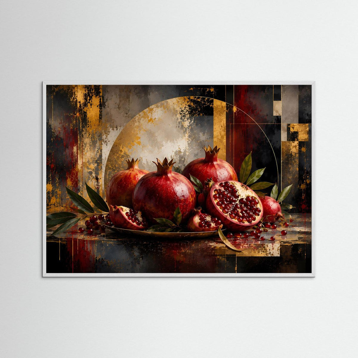 Gerahmtes Poster im Querformat: Granatäpfel in Rot, goldene Sprenkel und dunkles Arrangement