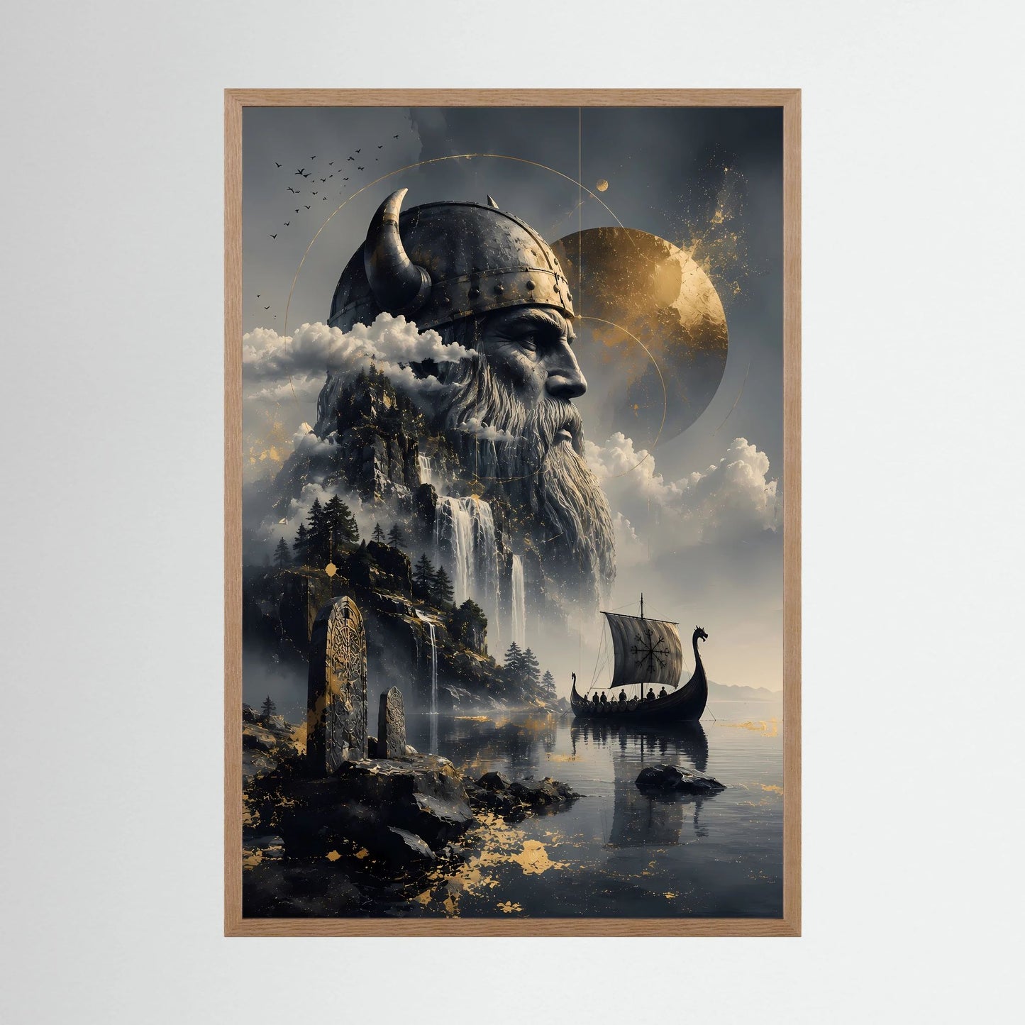 Hochformatiges Poster im Holzrahmen: Wikingerkriegerkopf, Wasserfall und Langschiff