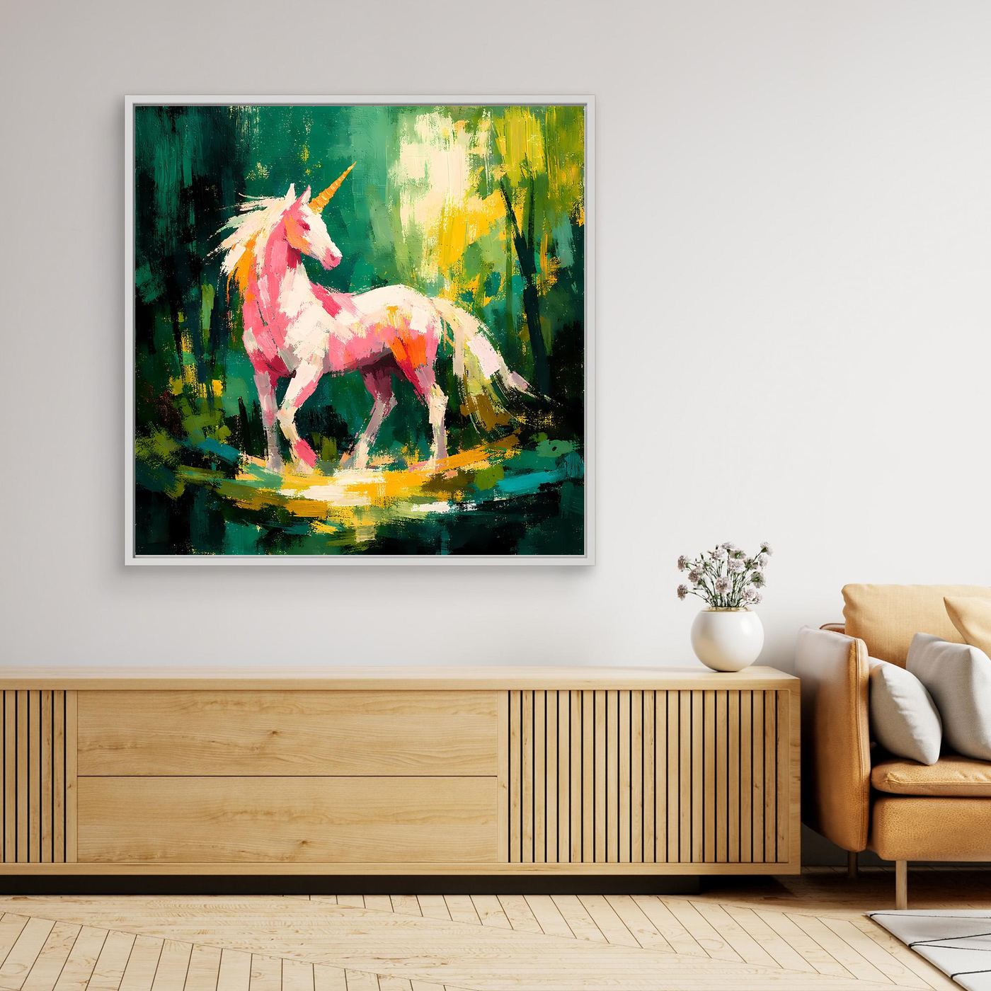 Leinwand Anmutiges Einhorn im Zauberwald | Abstraktes Fantasy & Natur Wandbild