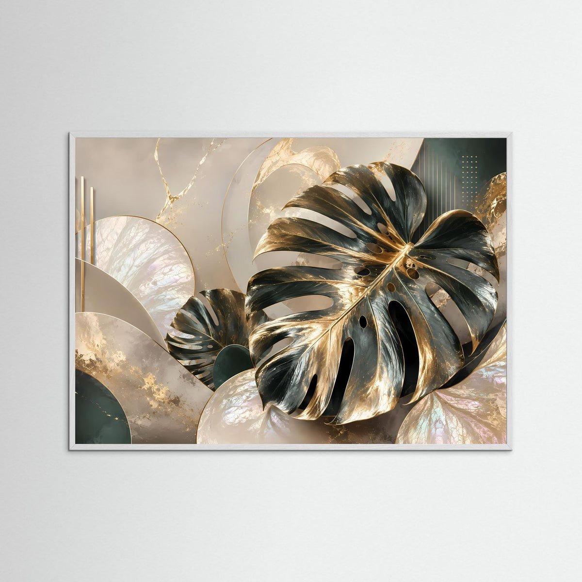 Querformat-Poster mit goldenen Monstera-Blättern, im weißen Holzrahmen