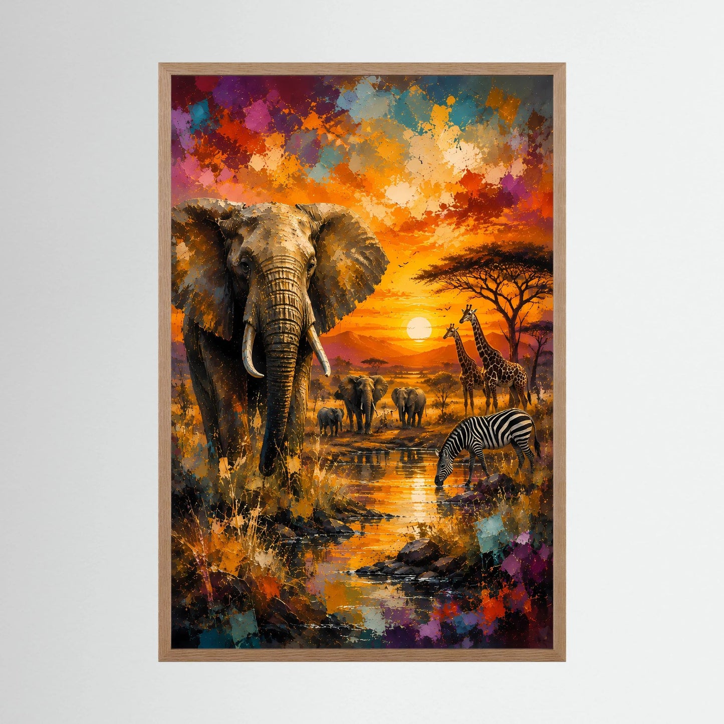 Poster im Hochformat mit hellem Holzrahmen: Elefant, Zebras und Sonnenuntergangslandschaft