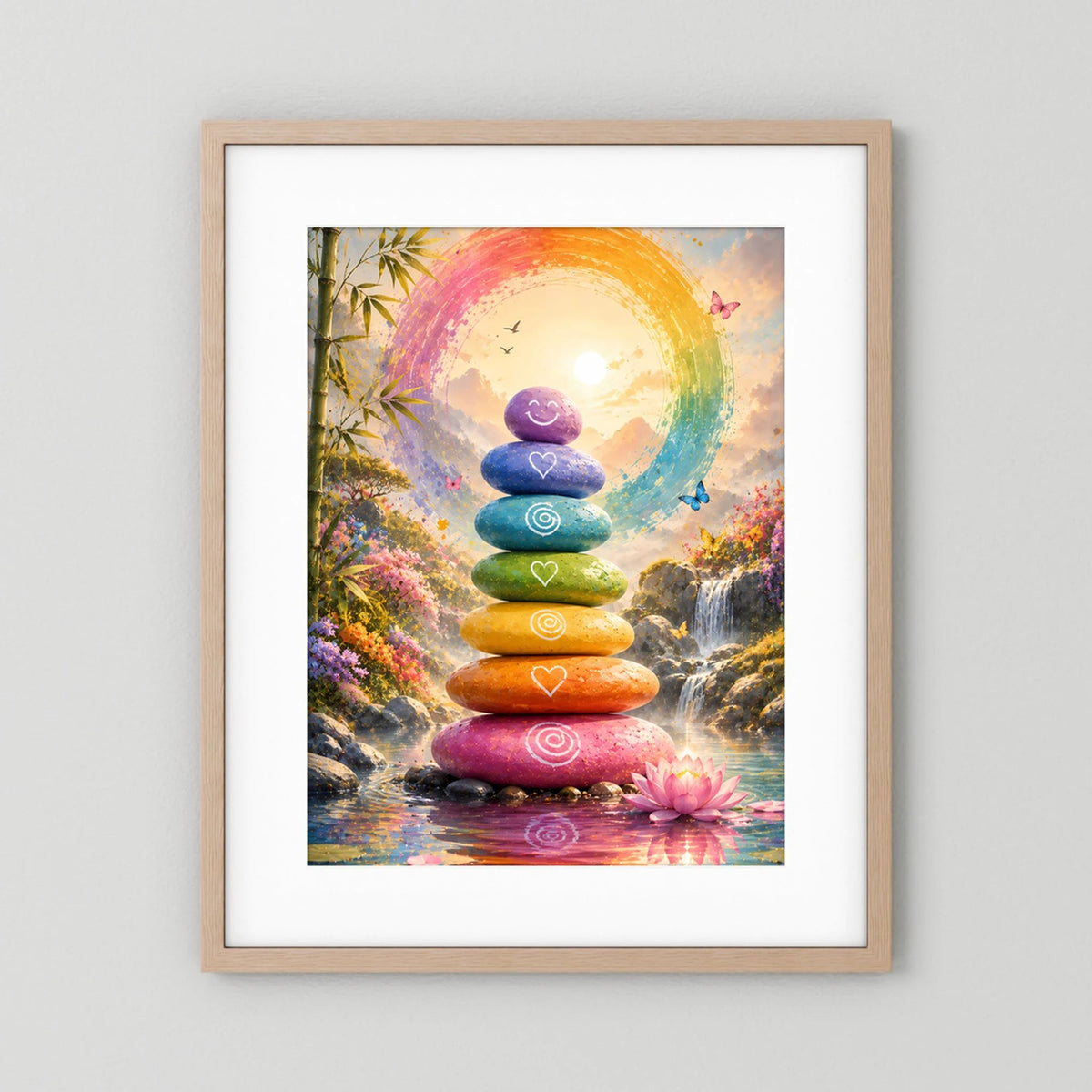 Poster im Hochformat mit hellem Holzrahmen und weißem Rand: Regenbogen-Steinturm
