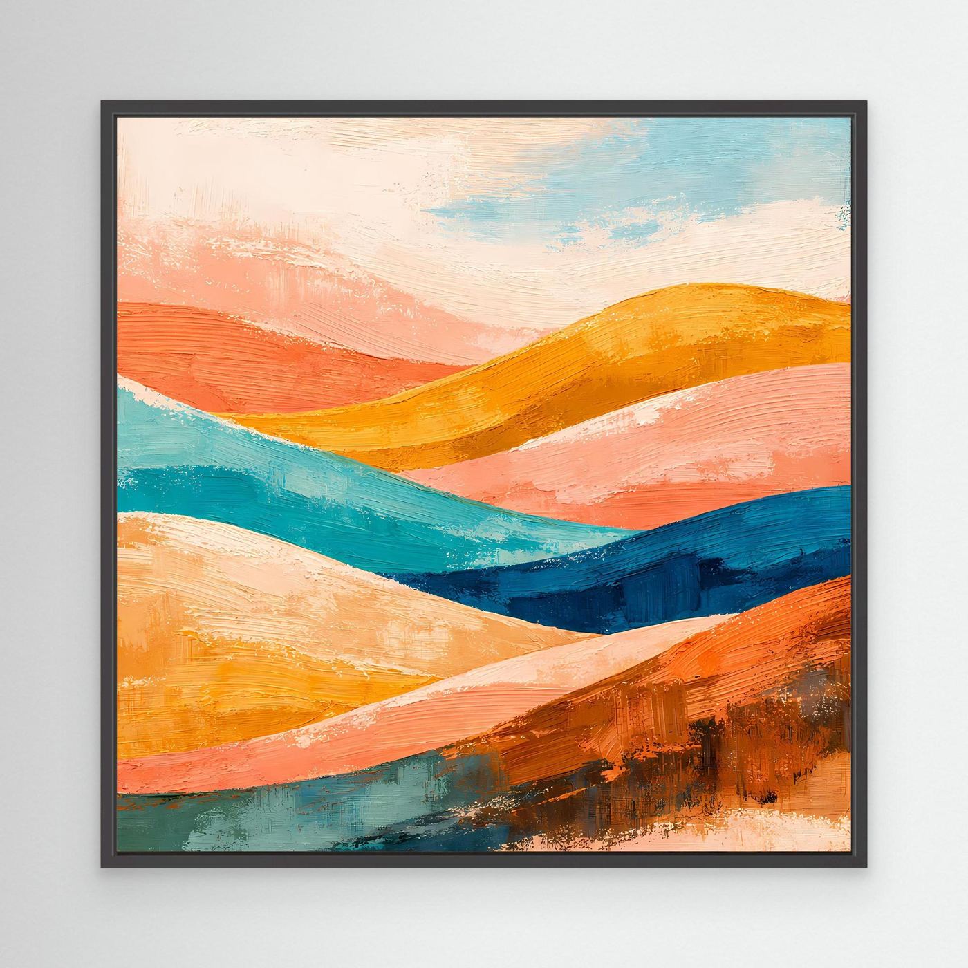 Abstract canvas wall art of soft wave hills in orange, teal, and blue, black frame