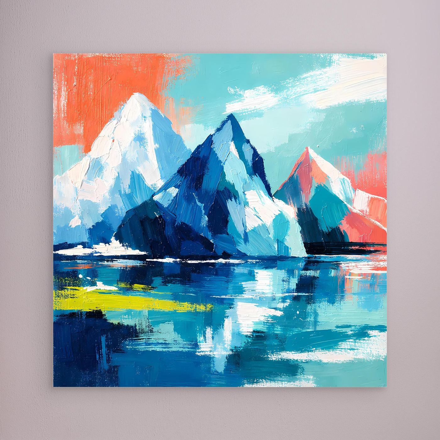 Abstract iceberg and mountain painting with blue sea reflection, no frame
