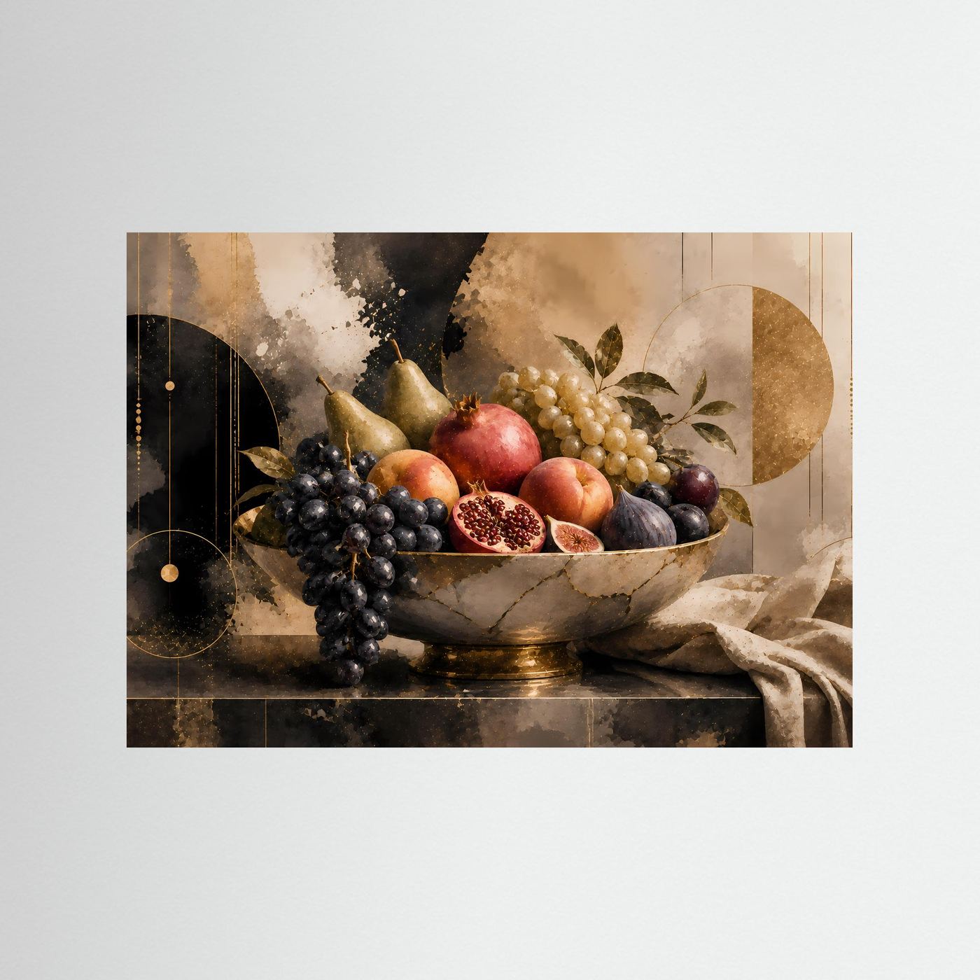 Obstposter: Schale mit Trauben und Granatapfel im modernen Stillleben, Querformat