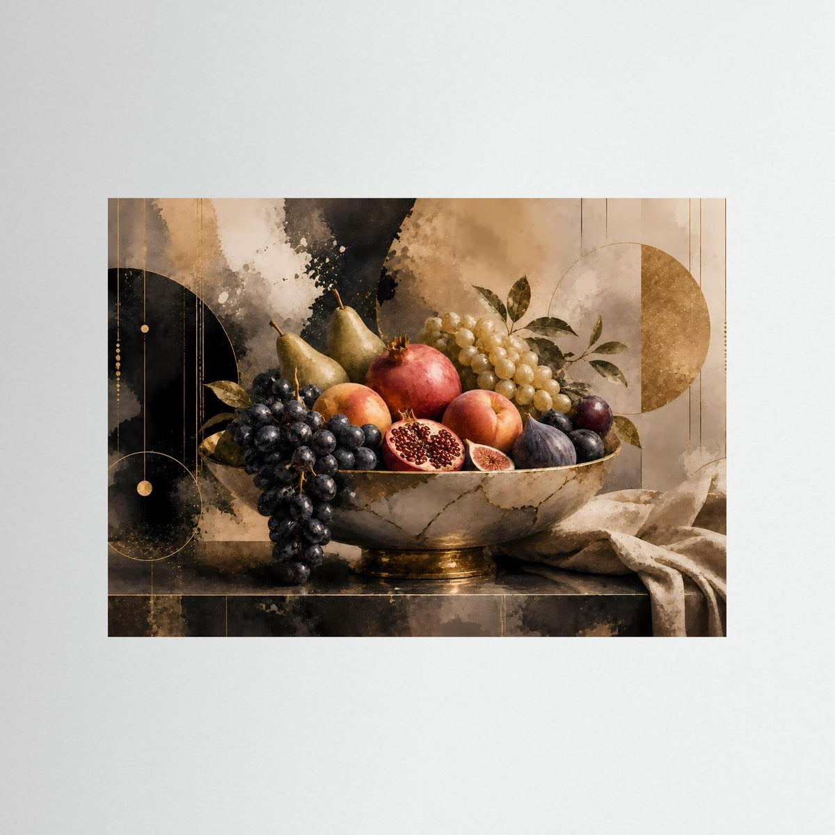 Obstposter: Schale mit Trauben und Granatapfel im modernen Stillleben, Querformat