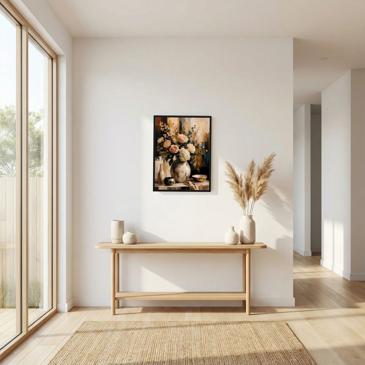 Blumenstillleben-Poster mit Blumenstrauß in Vase, schwarzer Rahmen