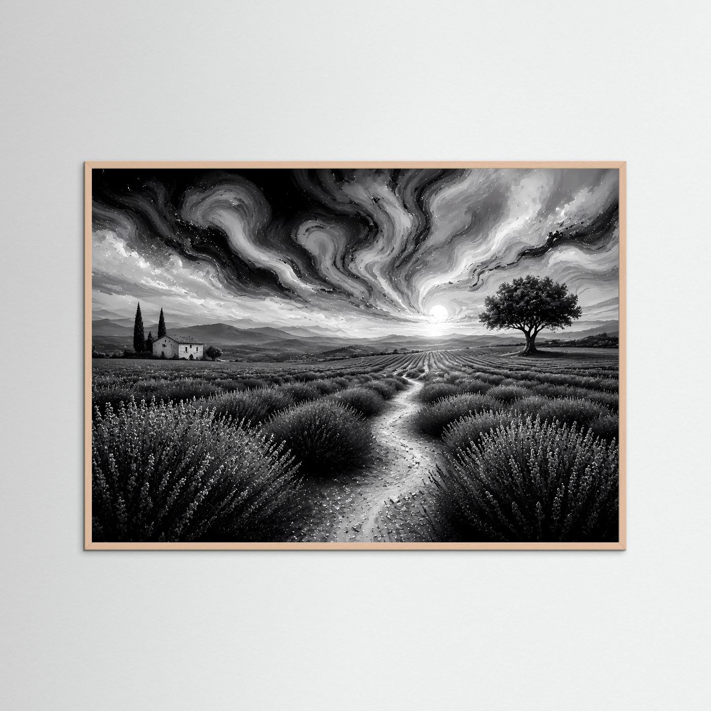 Lavendelfeld in Schwarz-Weiß | Abstrakte Landschaft mit dramatischem Himmel