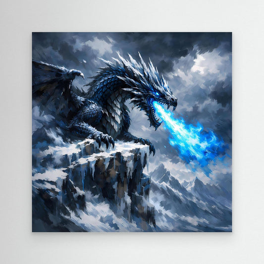 Leinwand Eisdrache auf stürmischem Berggipfel | Episches Fantasy-Wandbild auf echter Leinwand