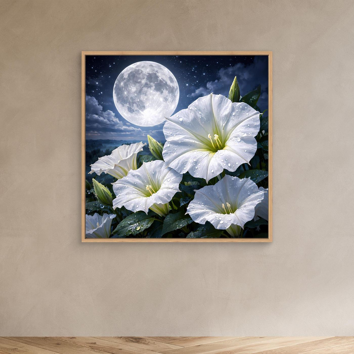 Wandbild auf Leinwand mit weißen Blüten und hellem Mond, Rahmen in Eiche