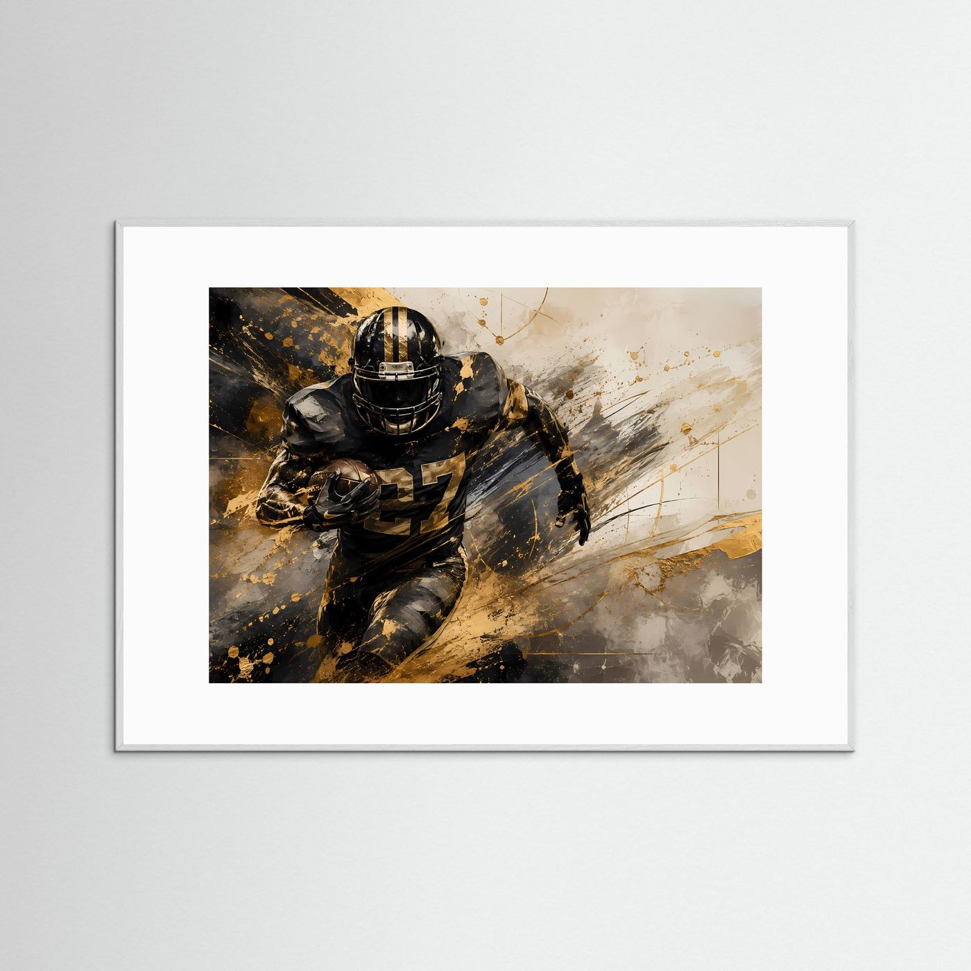 Fußball-Actionposter mit weißem Rahmen und weißem Passepartout: Helmierter Spieler in Schwarz-Gold