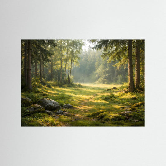 Wald-Wandbild im Querformat mit Lichtung und Sonnenstrahlen zwischen Bäumen