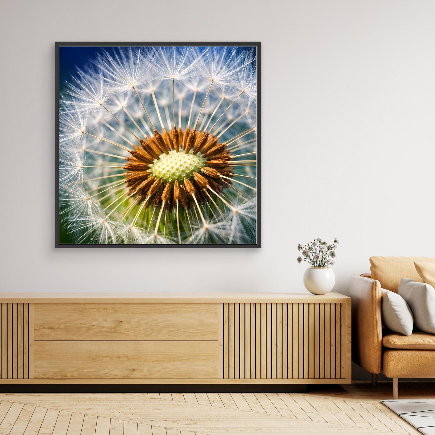 Schwarz gerahmtes Leinwandbild: Makro-Pusteblume mit gelbem Kern und feinen Samenfäden