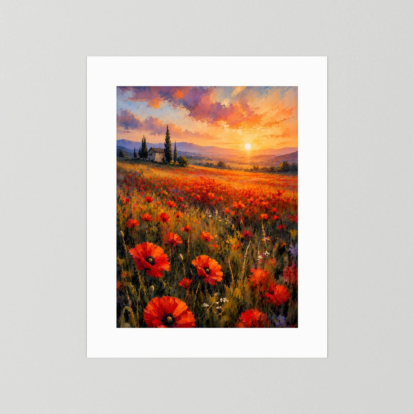 Poster im Hochformat ohne Rahmen, weißer Rand, Mohnblumenfeld im Abendlicht