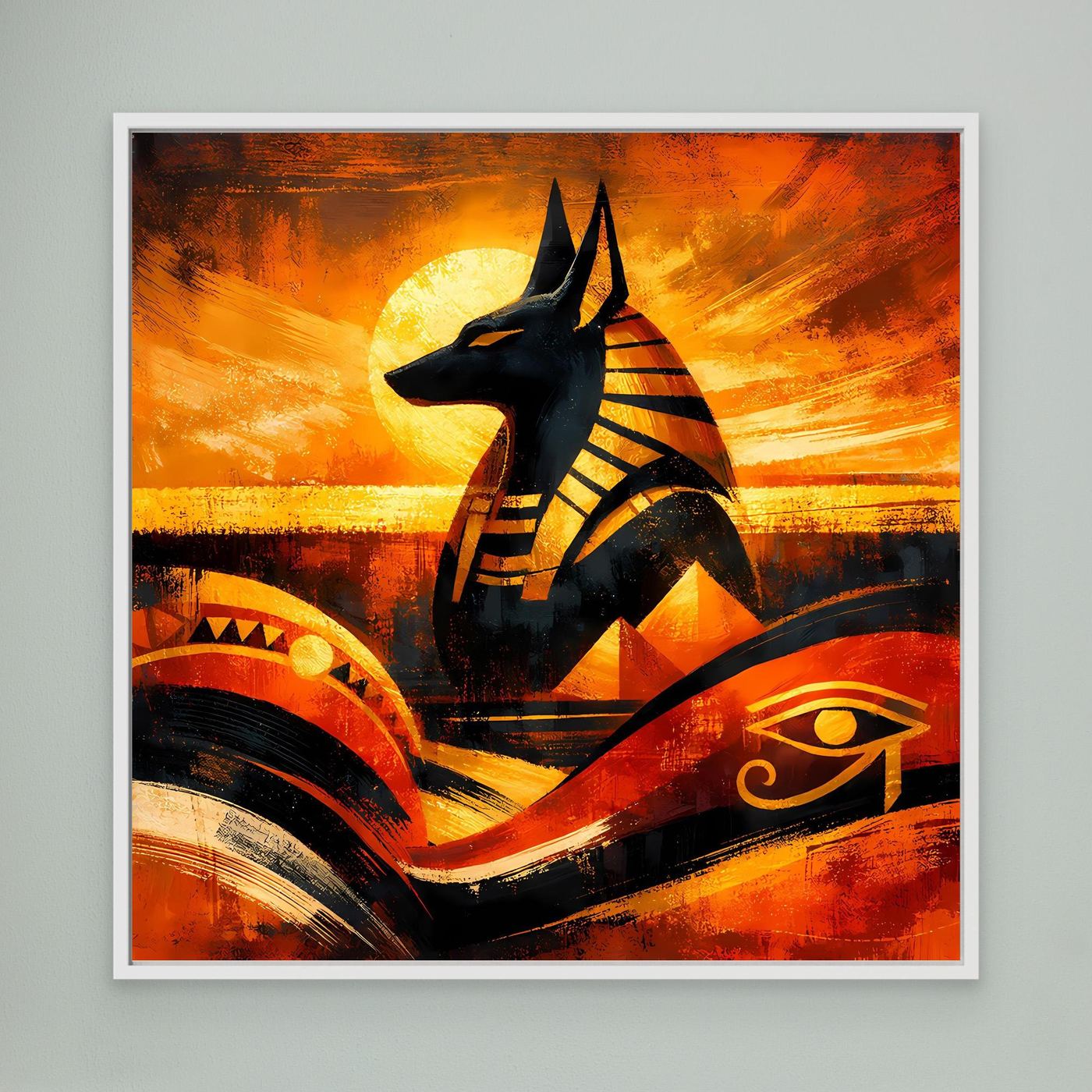 Wandbild Leinwand mit Anubis-Silhouette, orangefarbene Sonne, schwarzem und goldenem Muster, weiß gerahmt