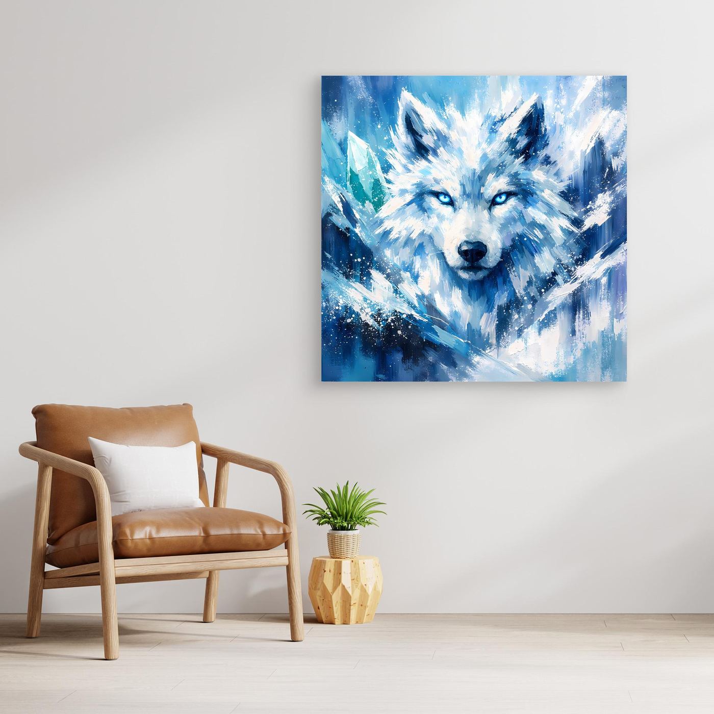Wandbild mit abstraktem Eiswolf in Blau und Weiß, ohne Rahmen
