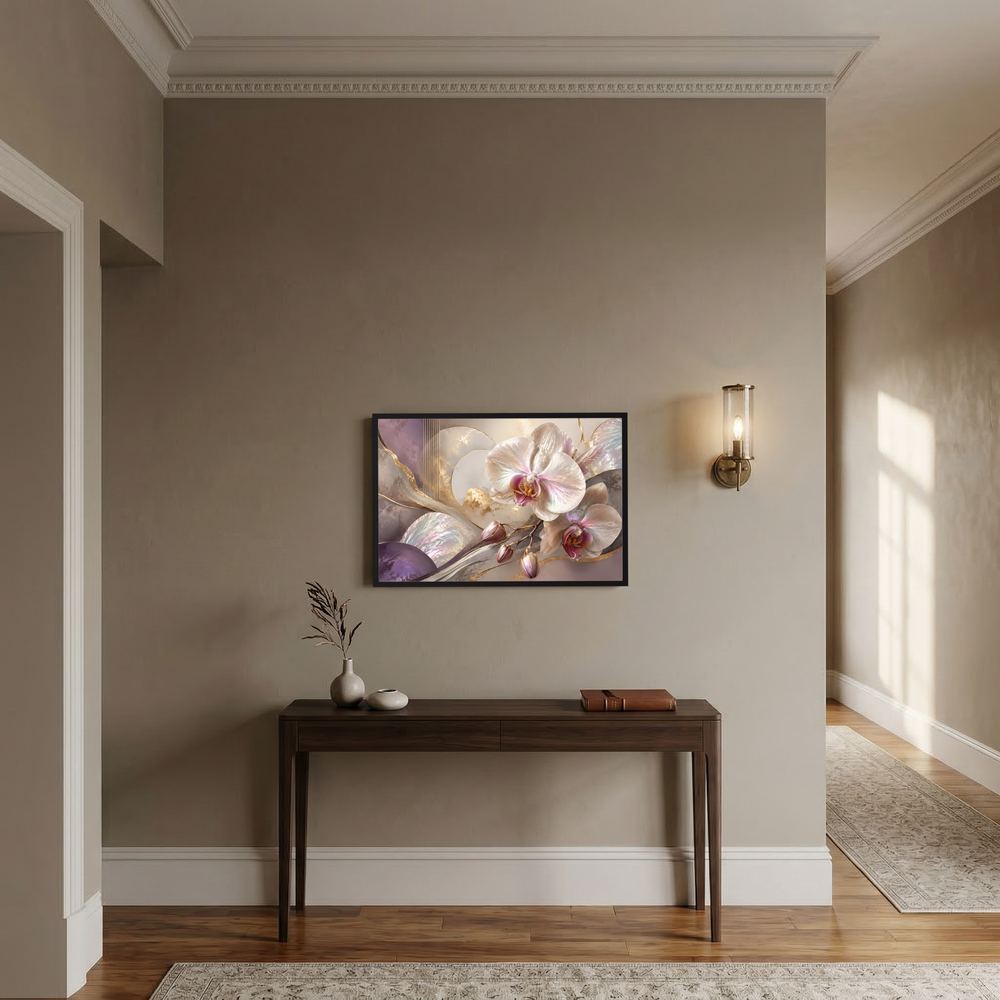Orchideen-Blumenposter im Querformat, Perlmutt-Rosé mit goldenen Akzenten, gerahmt