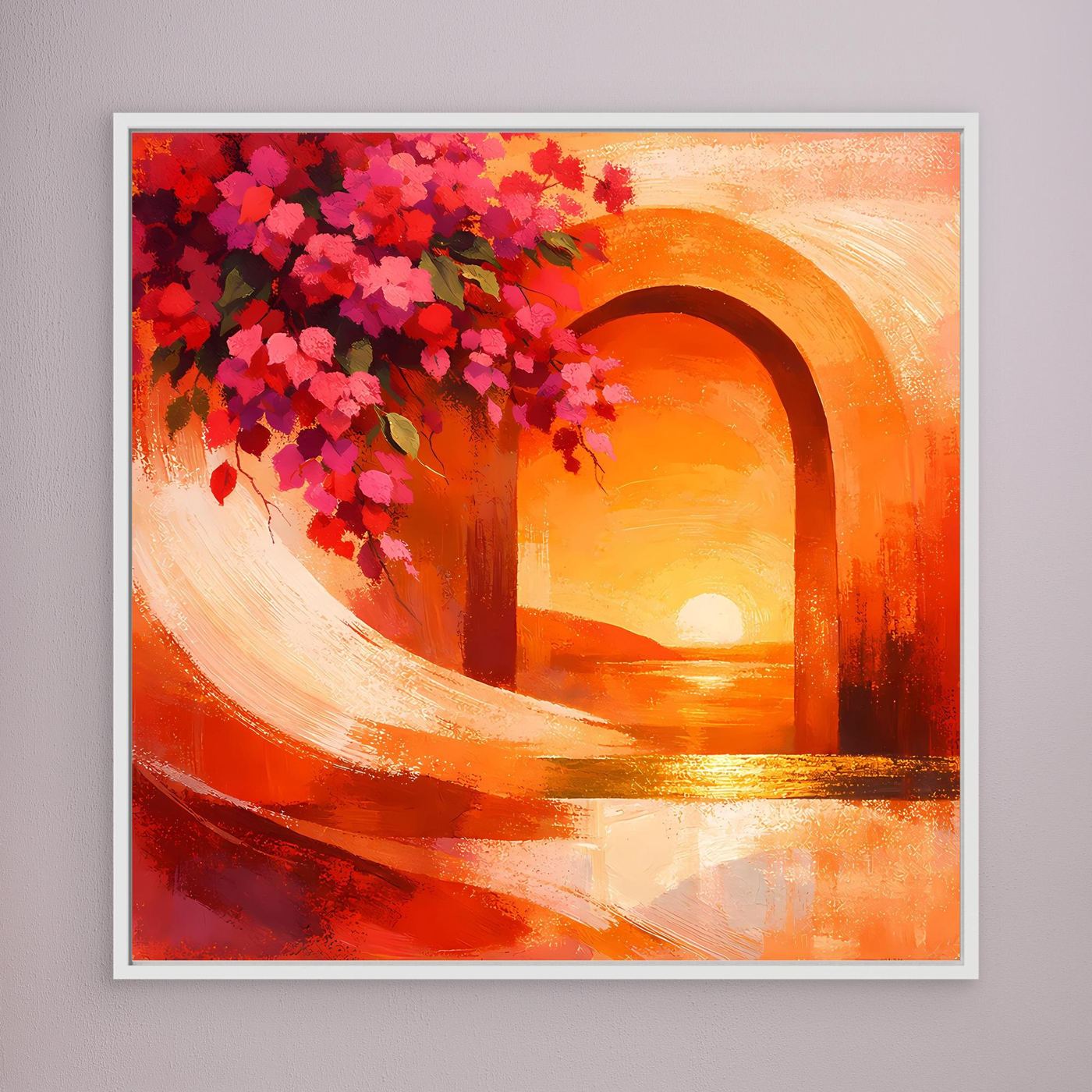 Leinwandbild: orangefarbener Torbogen mit pinken Blüten und Sonnenuntergang, weiß gerahmt