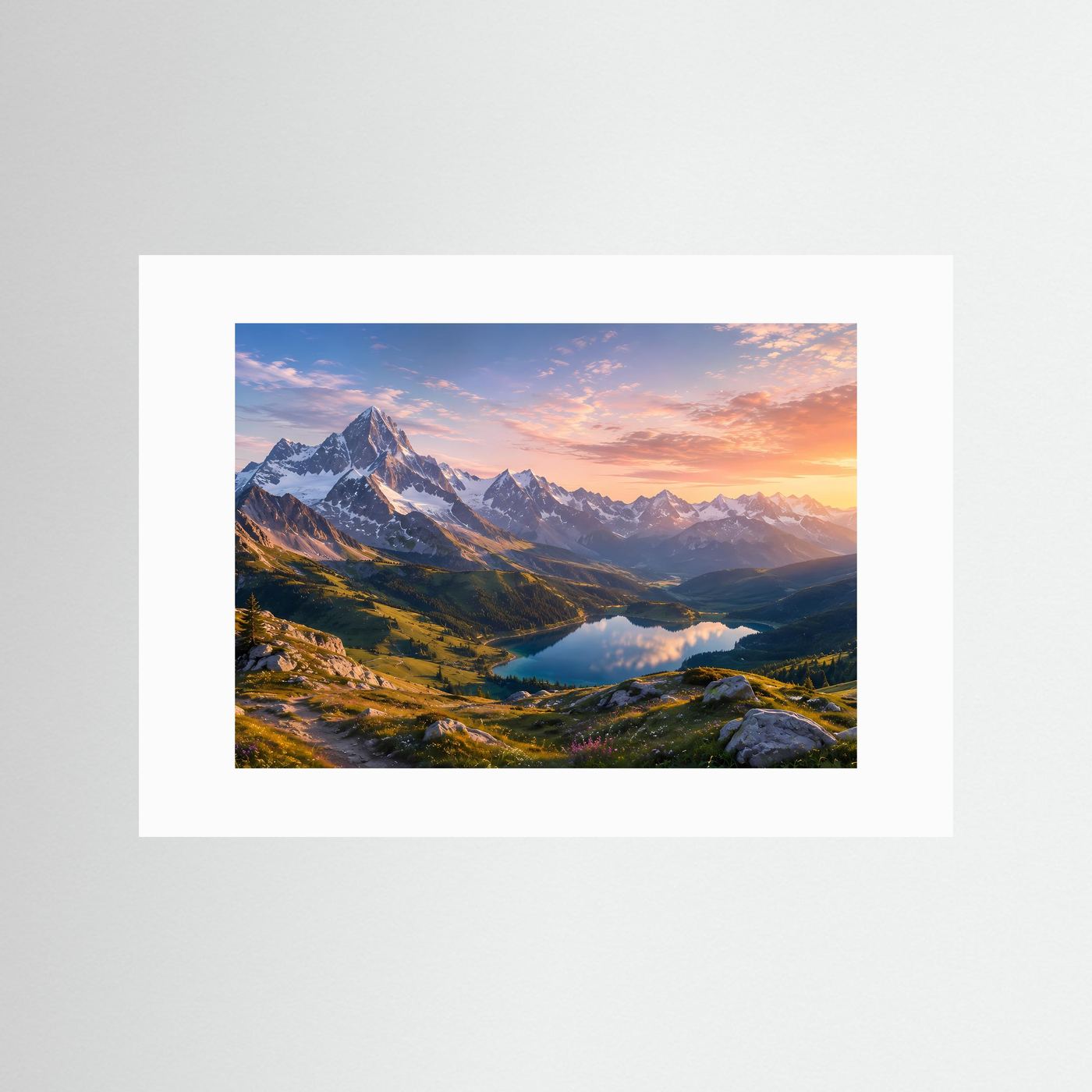 Bergsee-Landschaftsfoto mit Alpenpanorama bei Sonnenuntergang, mit weißem Passepartout