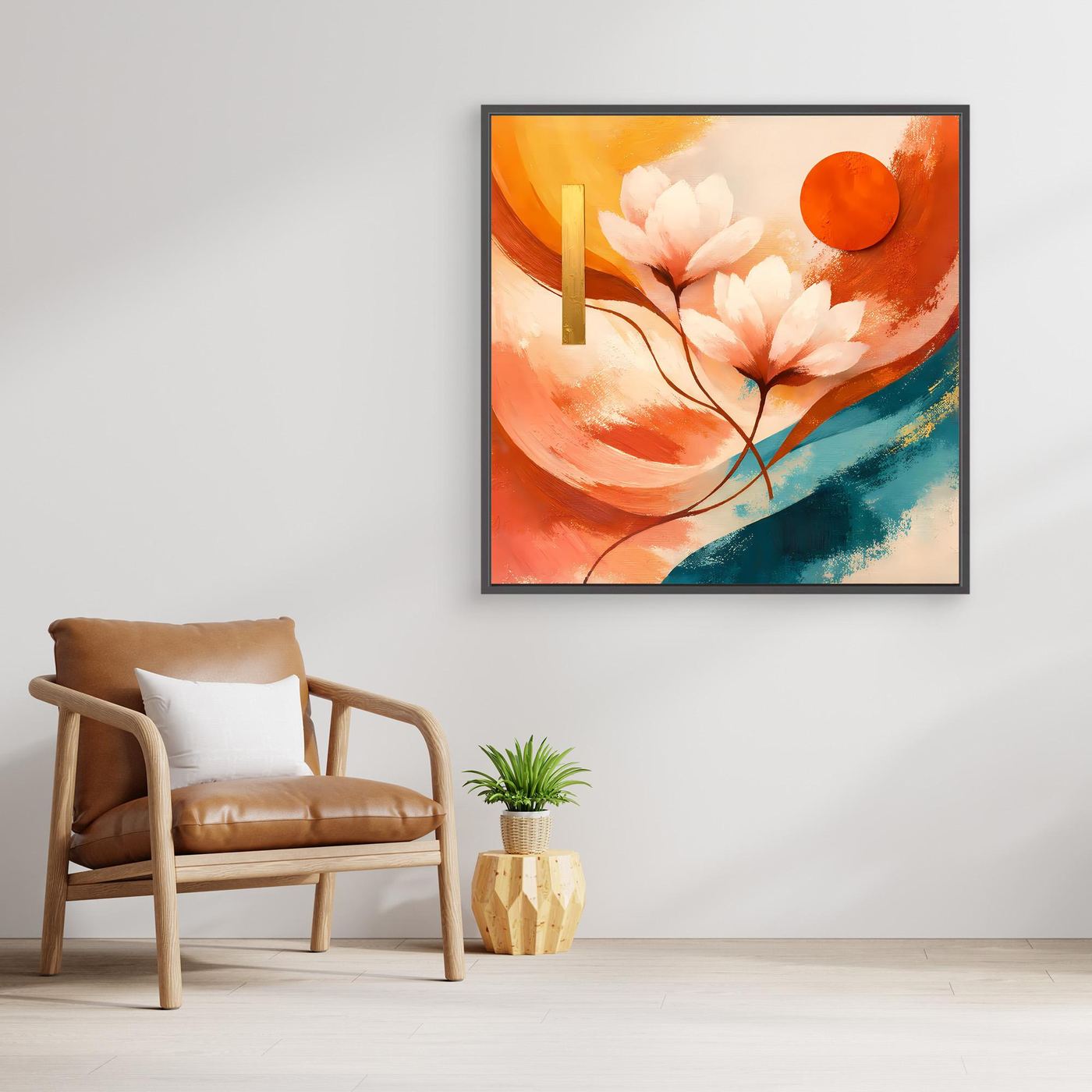 Gerahmtes Leinwandbild mit Lotusblüten, orange-rosa Farbflächen und türkisfarbener Pinselstreifen.