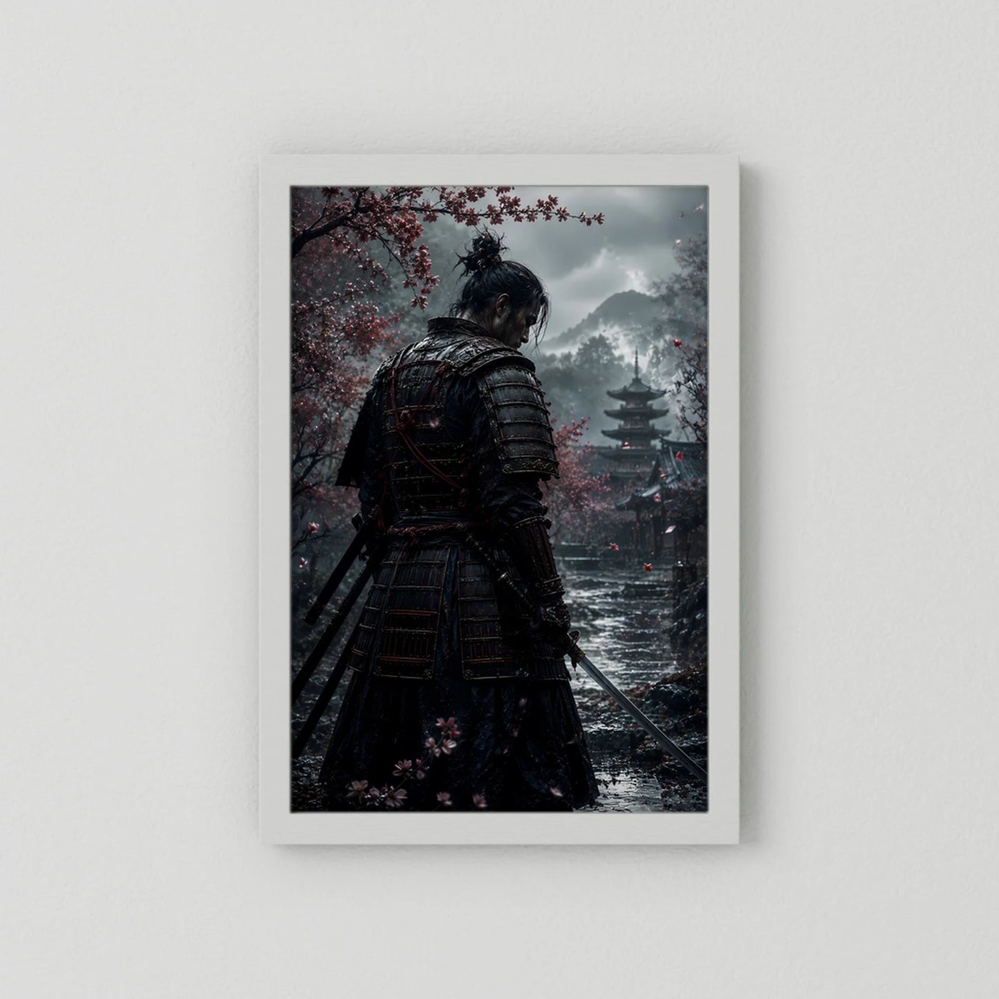 Poster mit weißem Rahmen: Samurai in dunkler Rüstung vor Kirschblüten und Pagode