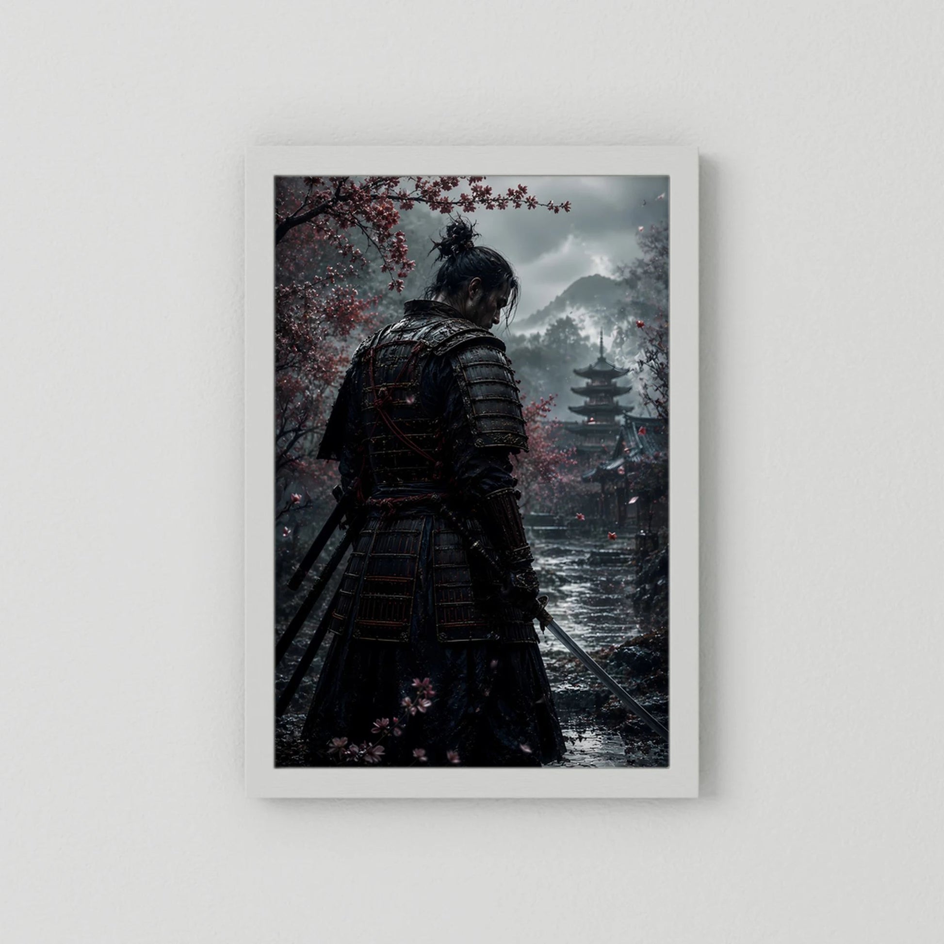 Poster mit weißem Rahmen: Samurai in dunkler Rüstung vor Kirschblüten und Pagode
