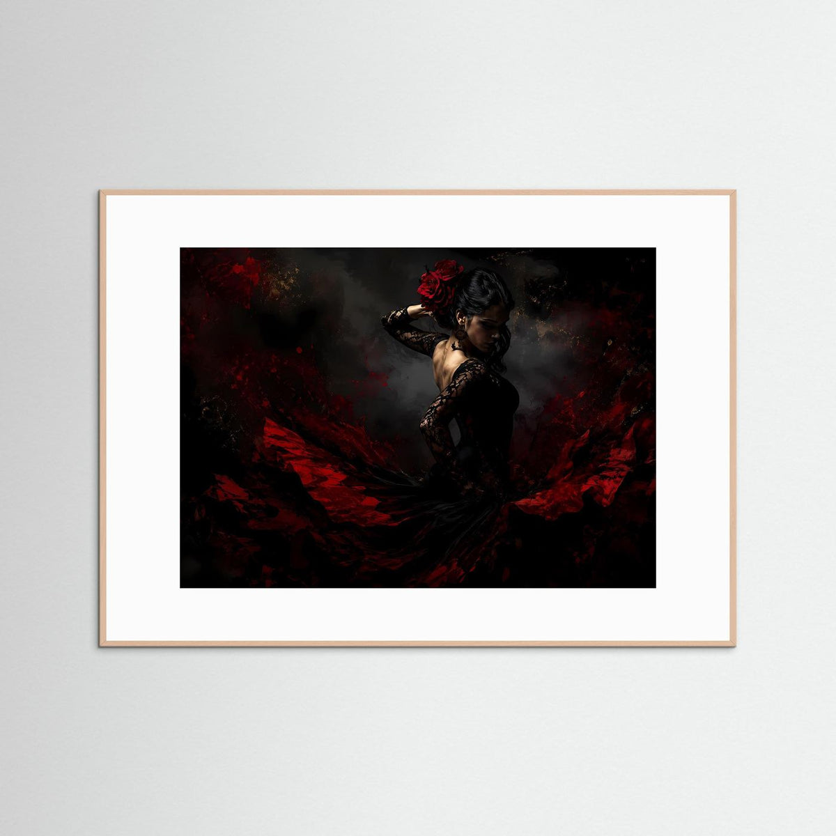 Flamenco-Wandbild mit Tänzerin in Rot-Schwarz, beigebrauner Rahmen, Querformat