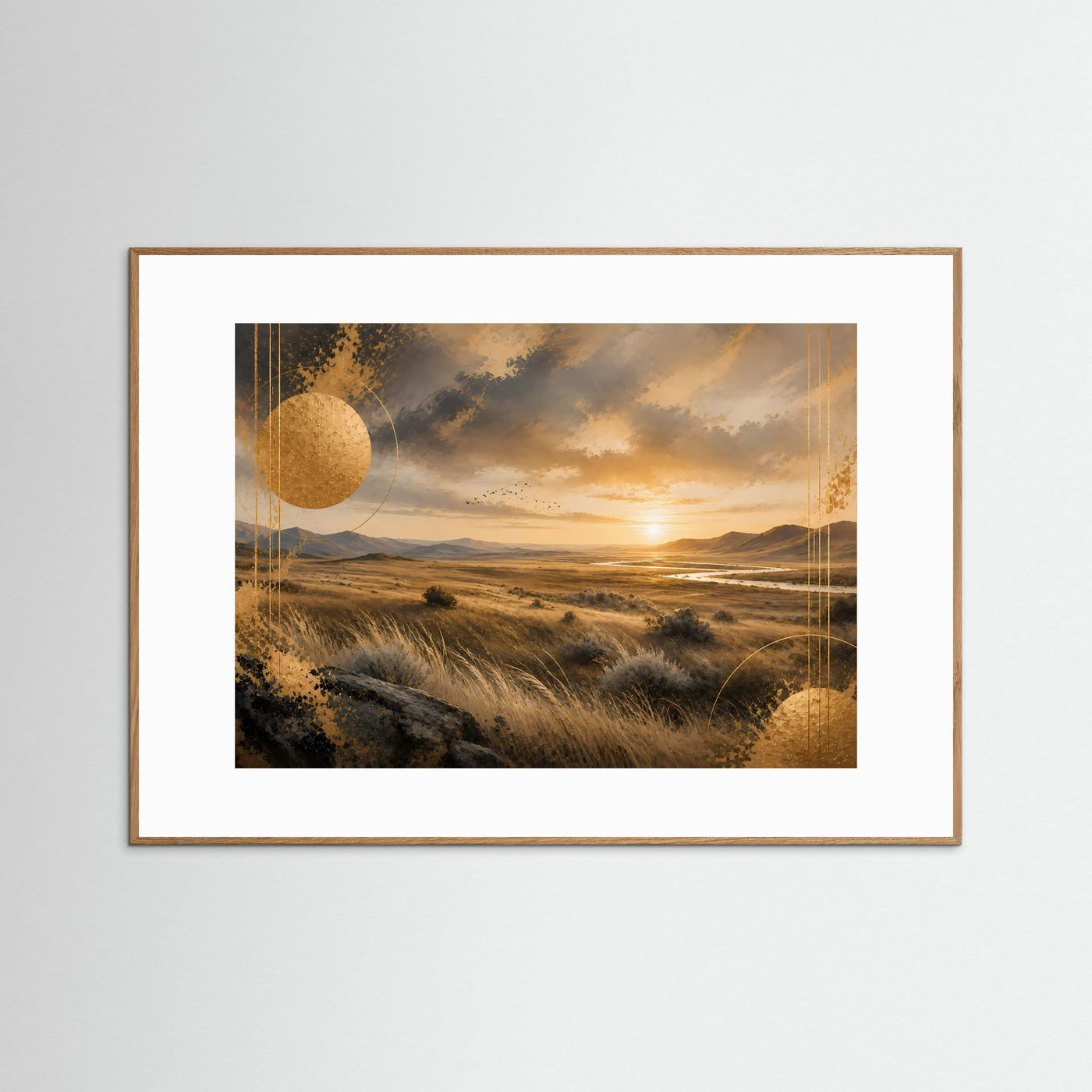 Querformat-Poster mit goldener Steppe bei Sonnenuntergang, hellbrauner Holzrahmen