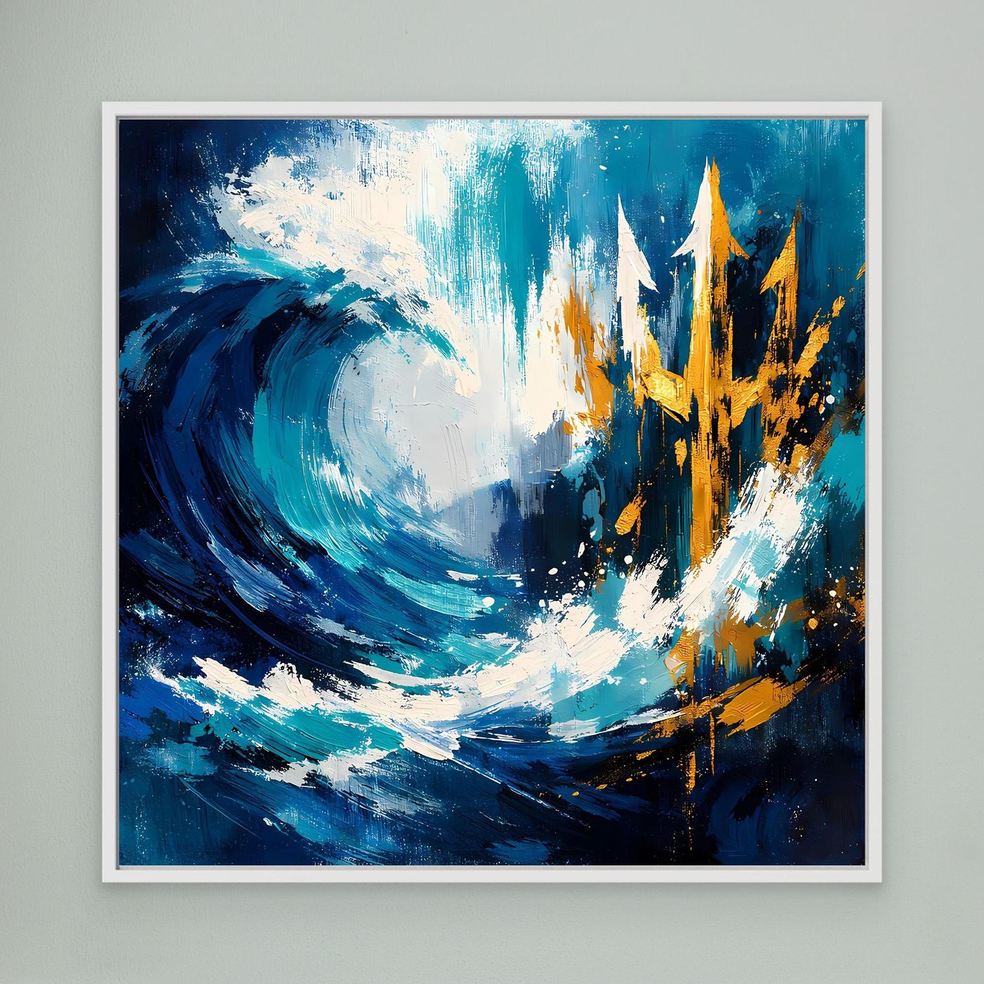Framed ocean wave canvas art with gold skyline and blue abstract brush strokes, white frame