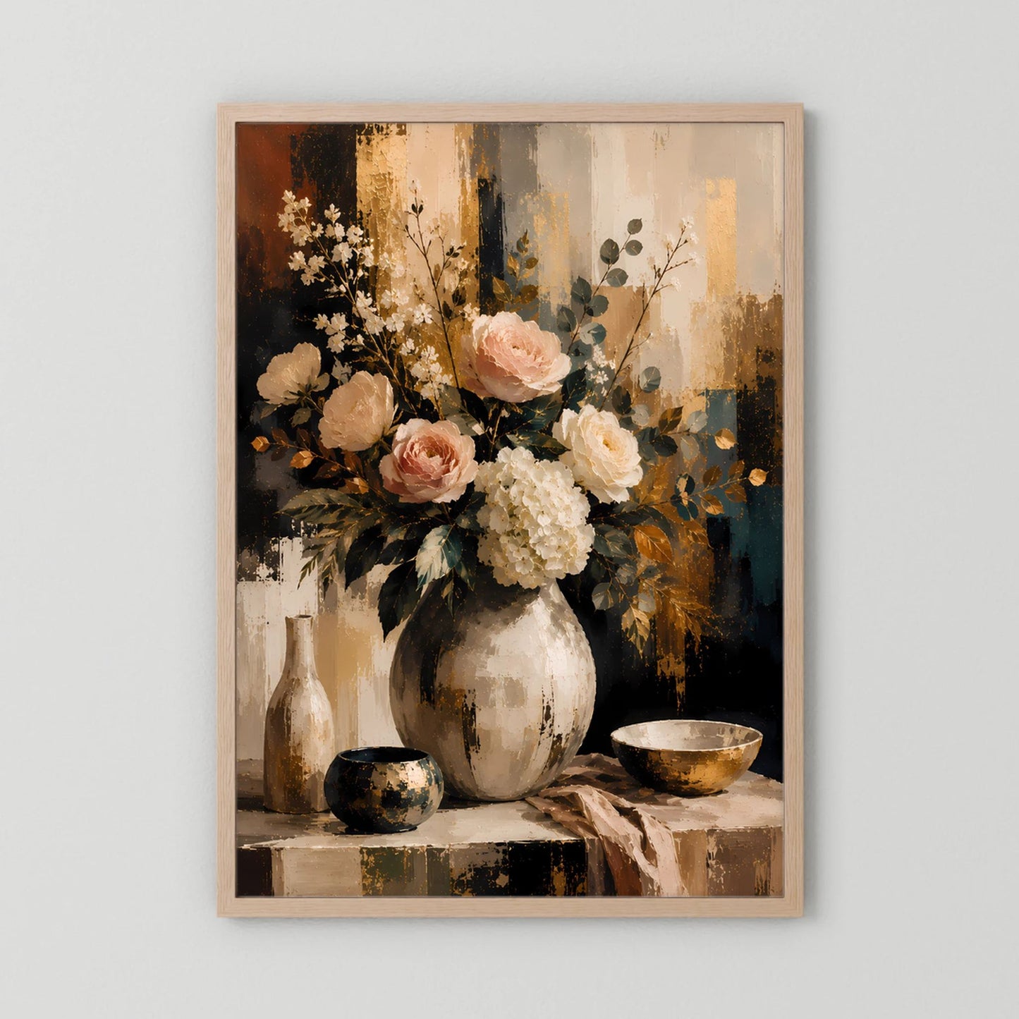 Hochformatiges Blumenstillleben-Poster mit Rosen und Hortensien im hellen Holzrahmen