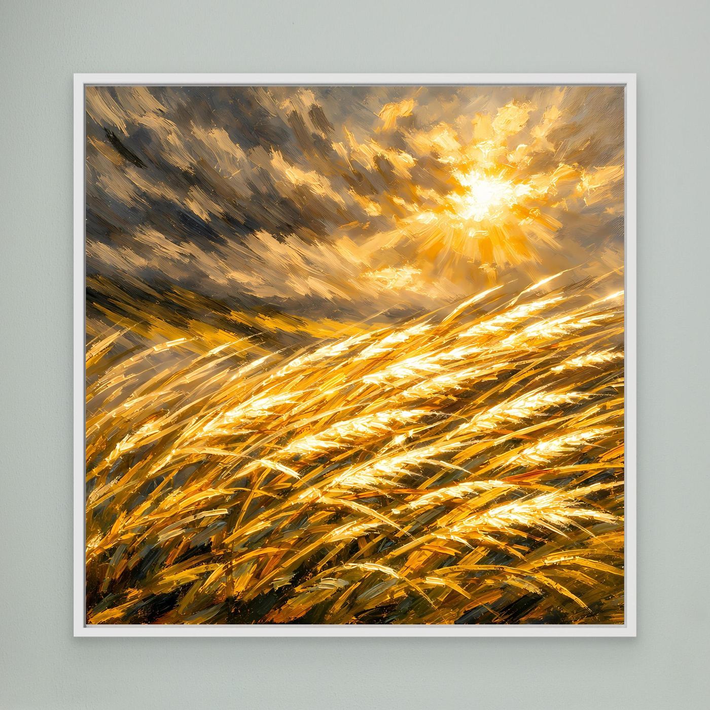 Leinwandbild mit goldenem Weizenfeld und leuchtender Sonnenstrahlen-Landschaft, weiß gerahmt