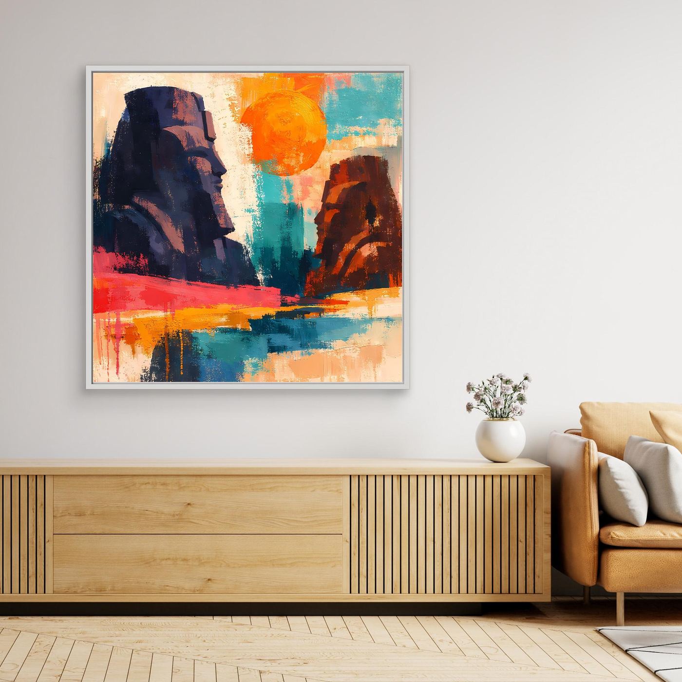 Wandbild mit abstrakten ägyptischen Pharaonen-Silhouetten, weißer Rahmen